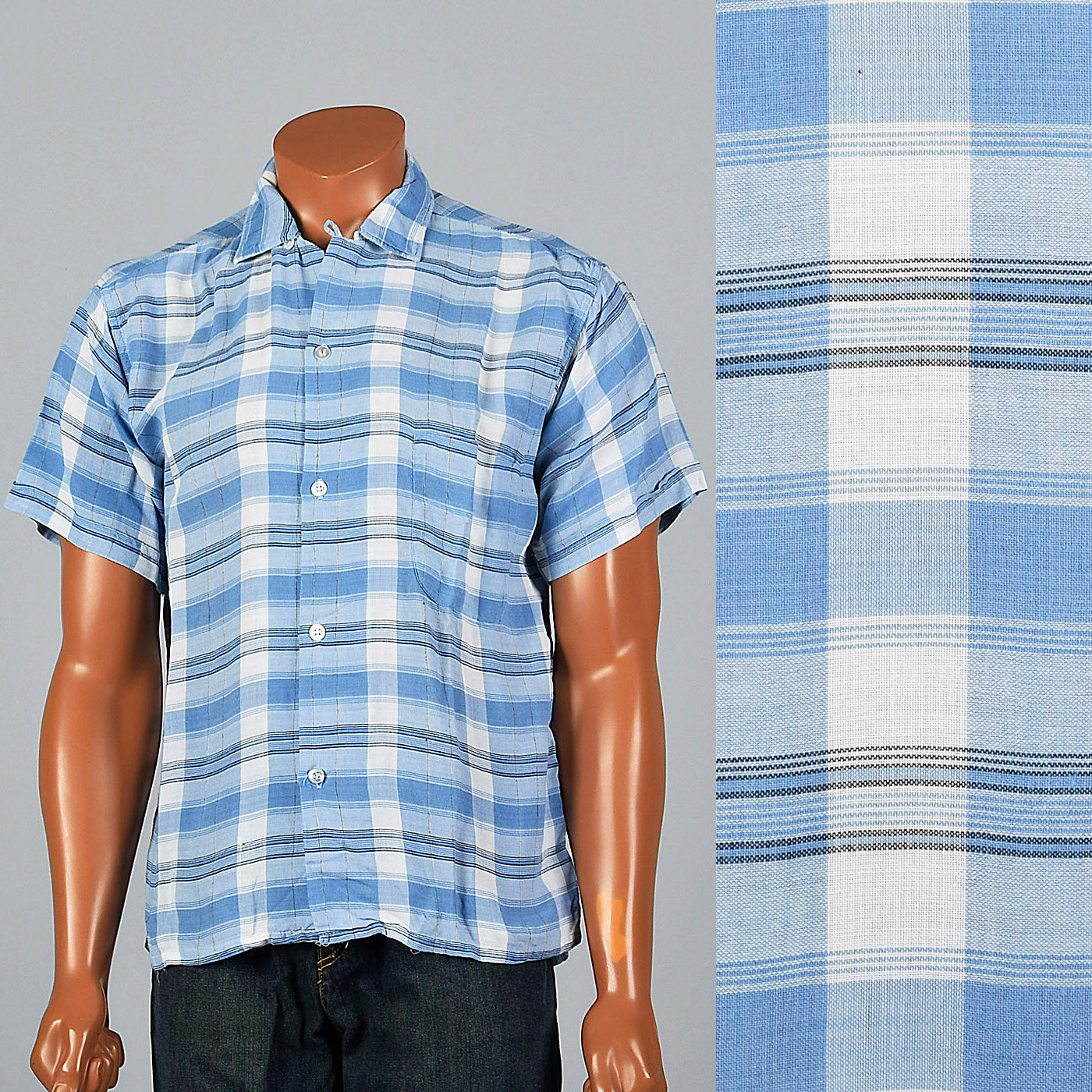 1950s Blue Plaid Rayon Shirt with Loop Collar