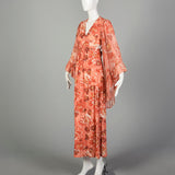 XS 1970s Pink Boho Maxi Dress Hippie Floral Print Bell Sleeves with Tieback Waist