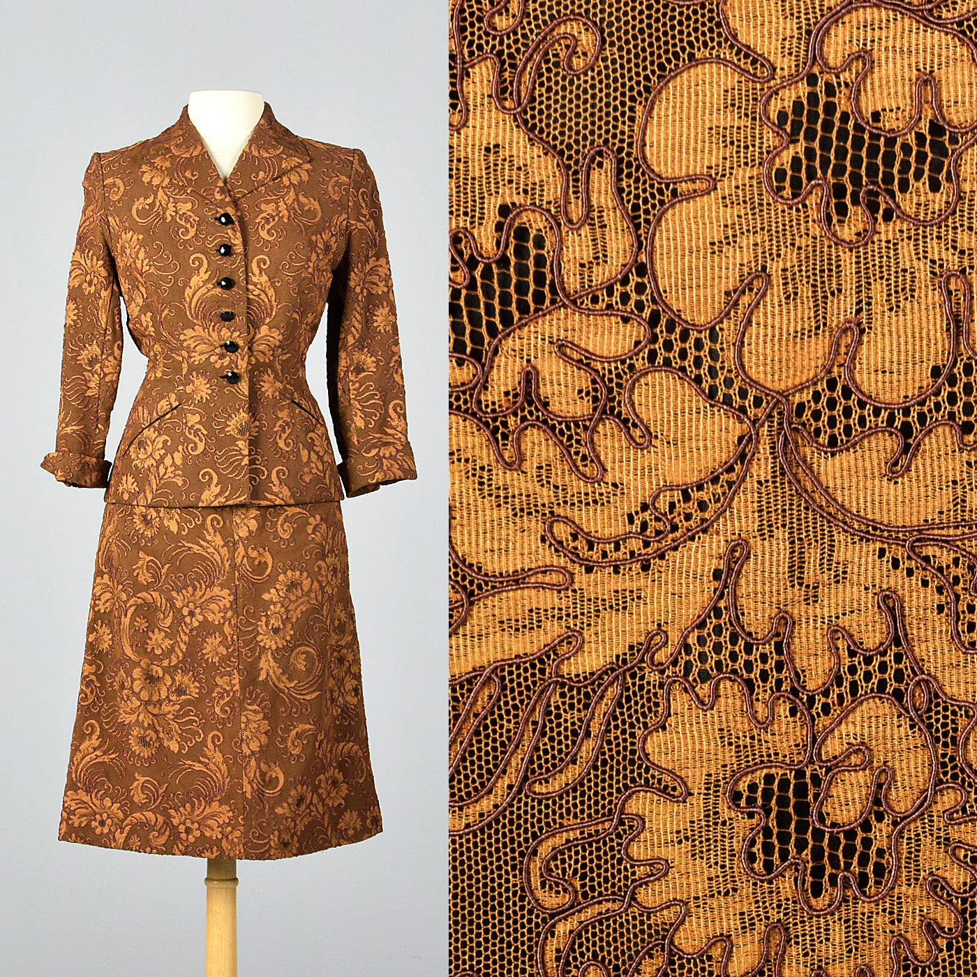 1950s Brown Lace Overlay Skirt Suit
