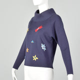 Small 1960s Navy Wool Novelty Sweater with Flower Embroidery