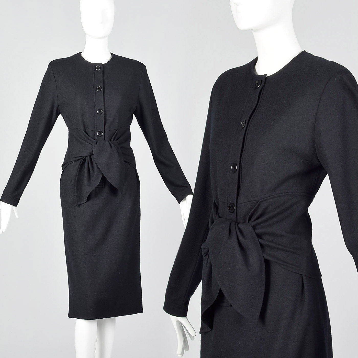 1980s Oscar de la Renta Black Wool Dress with Tie Waist