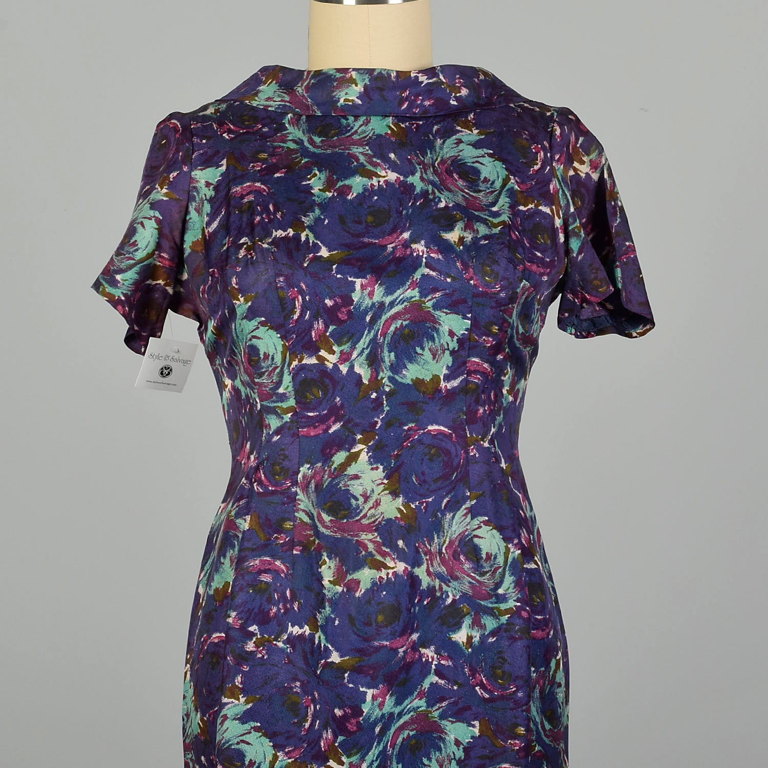 Large 1950s Blue and Purple Swirl Patterned Acetate Dress