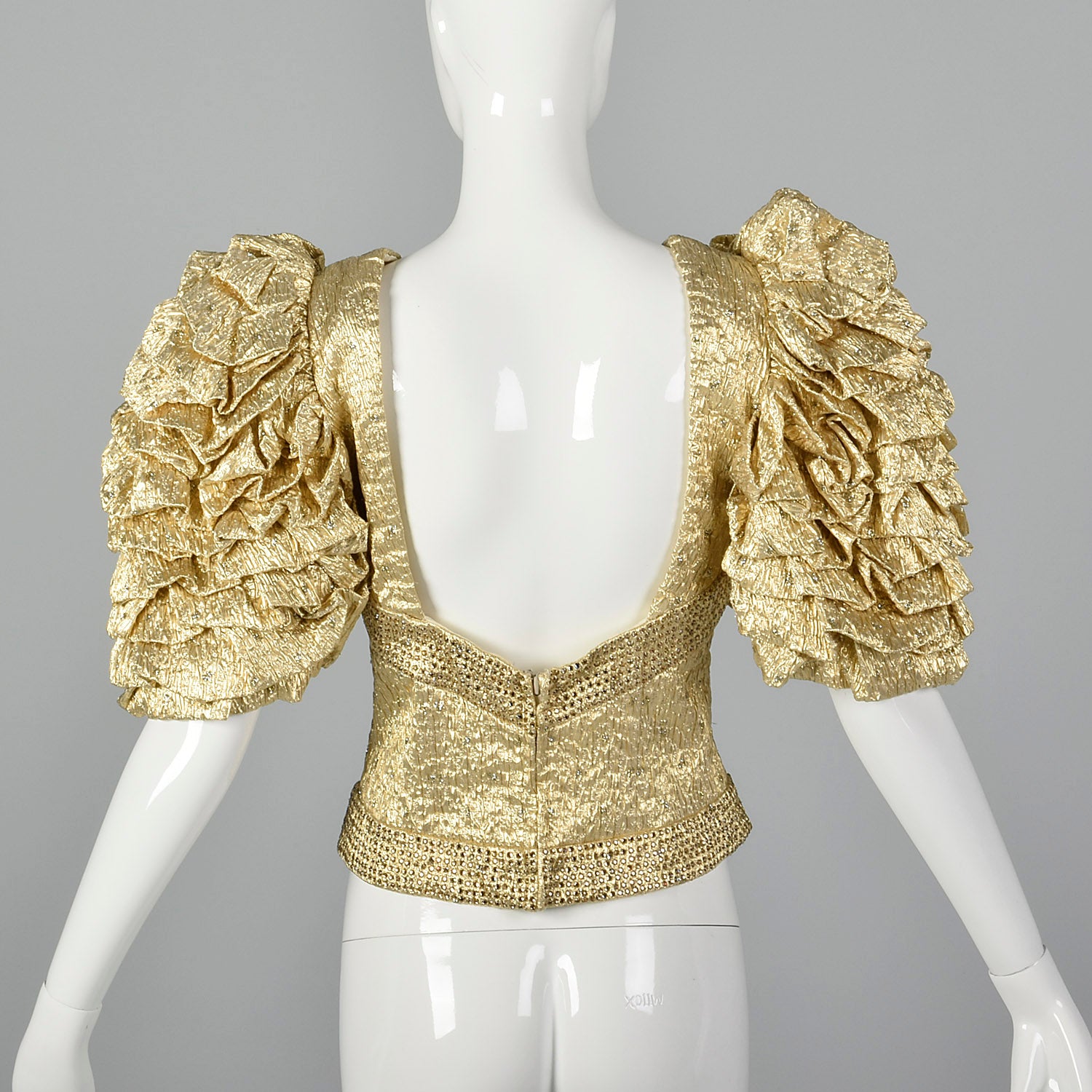 Medium 1980s Metallic Gold Lamé Evening Top with Ruffle Short Sleeves