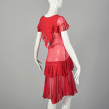 XXS 1920s Flapper Dress Crinkle Red Silk with Flirty Ruffles