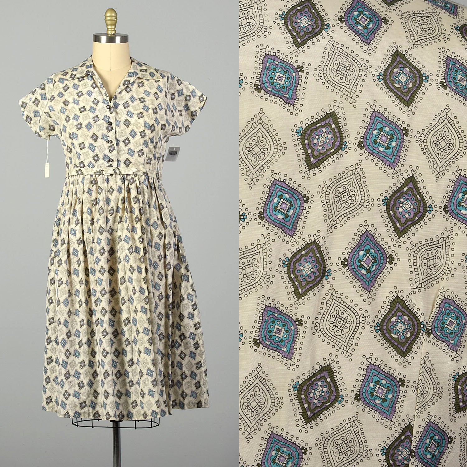 XL 1950s Deadstock Day Dress Blue Print Cotton Short Sleeve Casual