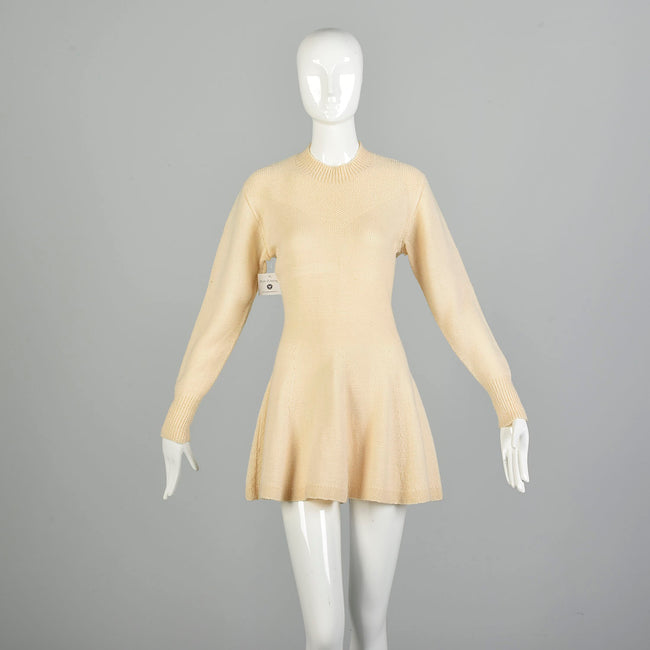 Large 1990s Creamy Wool Tunic Sweater Marion Foale Creamy Beige Knit Tunic Ice Skater Mini Dress