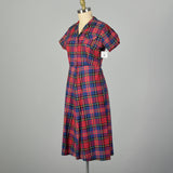 XL 1950s Red Plaid Day Dress Short Sleeve Collared Summer Shirtwaist