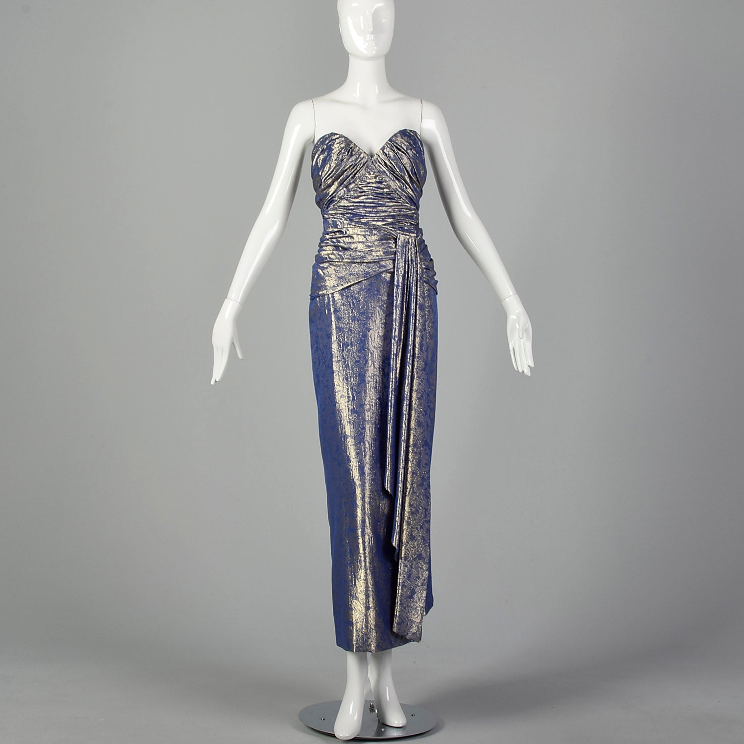 XS Blue Gold Lame Gown 1970s Strapless Sweetheart Neckline Style Salvage
