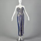 XS Blue & Gold Lamé Gown 1970s Strapless Sweetheart Neckline