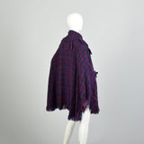 OSFM 1980s Purple Blue Green Red Plaid Wool Poncho Long Cape Woven Textile Jewel Tone Wrap