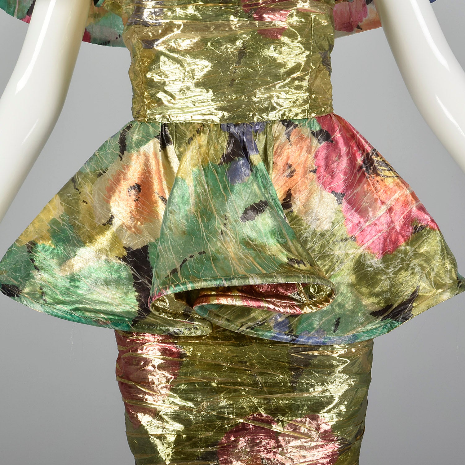 XS 1980s Floral Metallic Peplum Dress