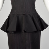 XS 1980s Black Peplum Cocktail Dress Strapless Sexy Party Pencil Dress