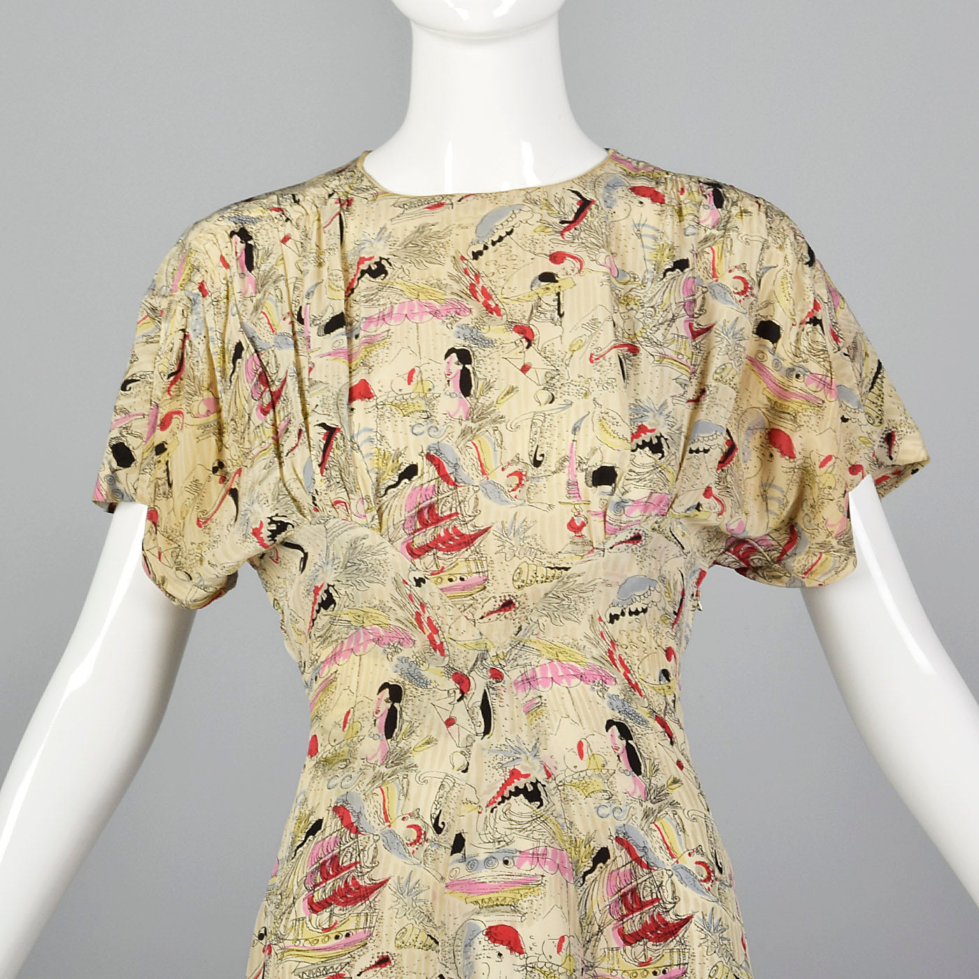 1940s Novelty Print Silk Dress with Neck Tie
