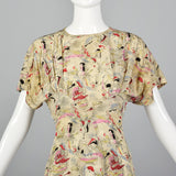 1940s Novelty Print Silk Dress with Neck Tie
