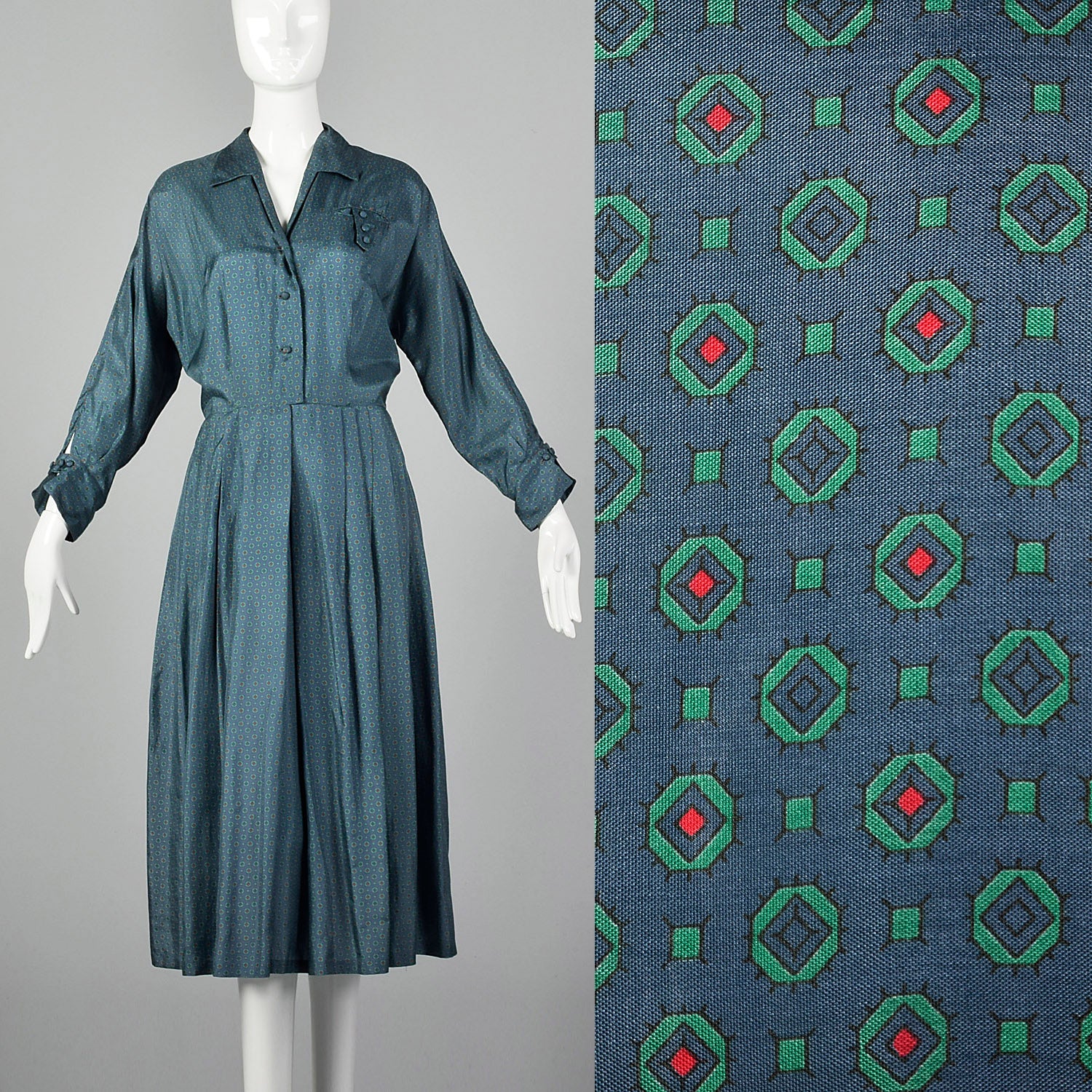 Large 1950s Print Silk Dress Jewel Tone Long Sleeve Day Dress