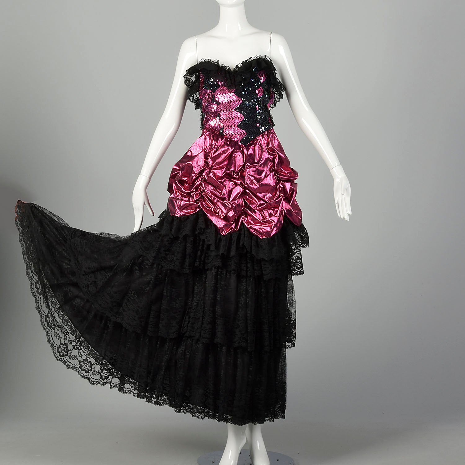 1980s Pink Prom Dress Saloon Girl Strapless Lame Gown Black Lace Sequins