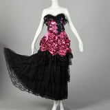 1980s Pink Prom Dress Saloon Girl Strapless Lame Gown Black Lace Sequins