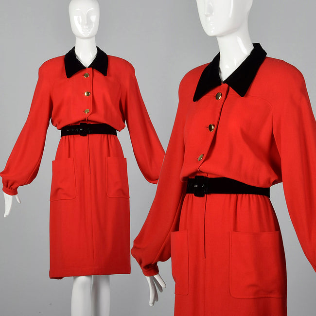 1980s Valentino Boutique Red Dress with Black Trim
