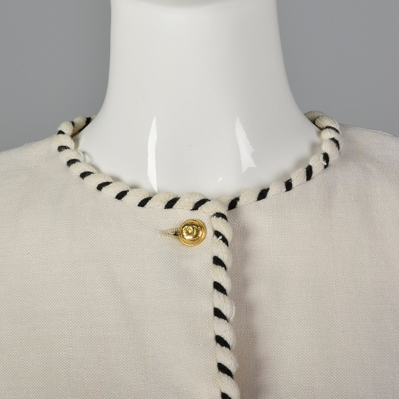 Chanel White Linen Jacket with Gold Logo Buttons and Black & White Trim