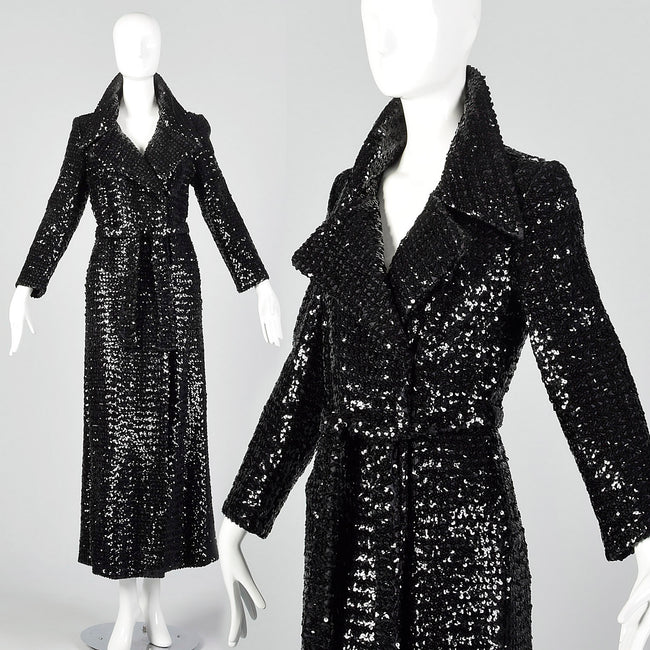 XS 1970s Black Sequin Trench Coat