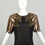Medium 1990s Gold Black Cocktail Dress Keyhole Back Sequin Beaded Evening Party Chemise