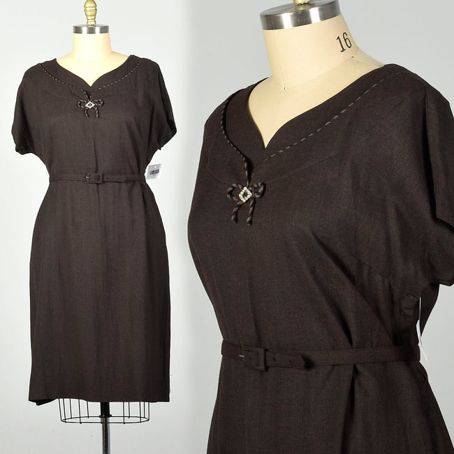 XXL 1950s Dress Belted Brown Volup Short Sleeve Cocktail Party