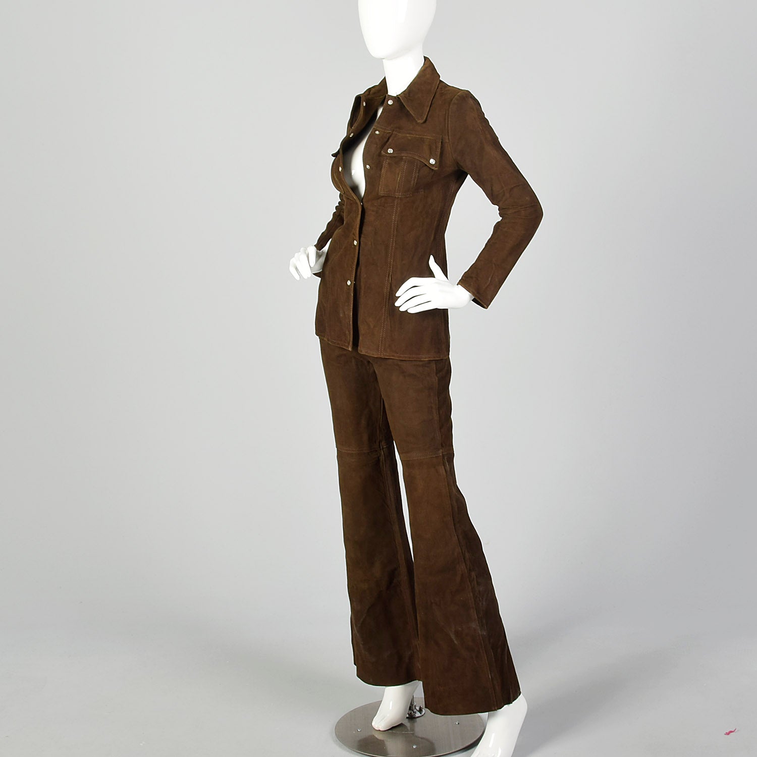 XXS 1970s Brown Suede Leather Top and Pants Set