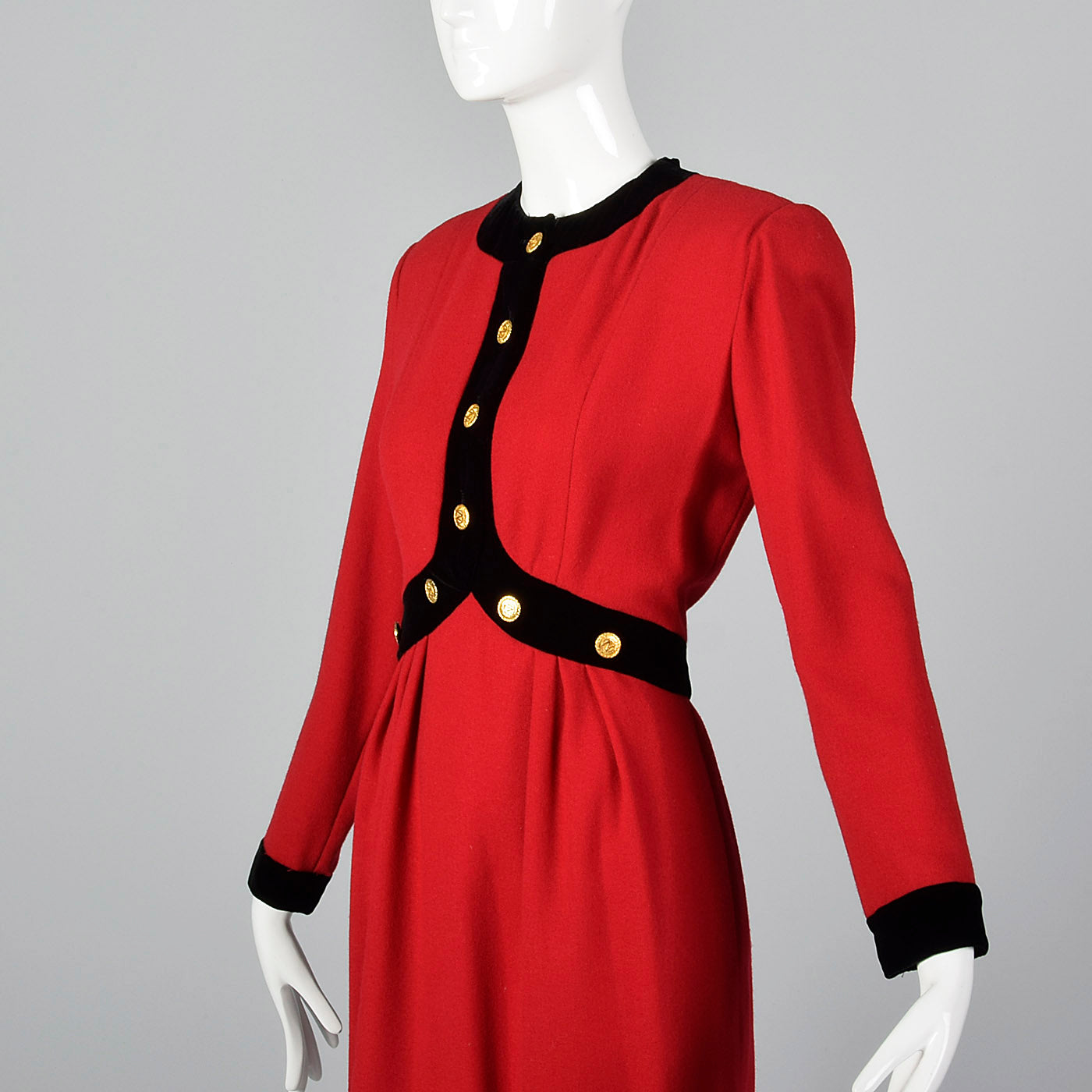 1980s Red Wool Dress with Black Velvet Trim