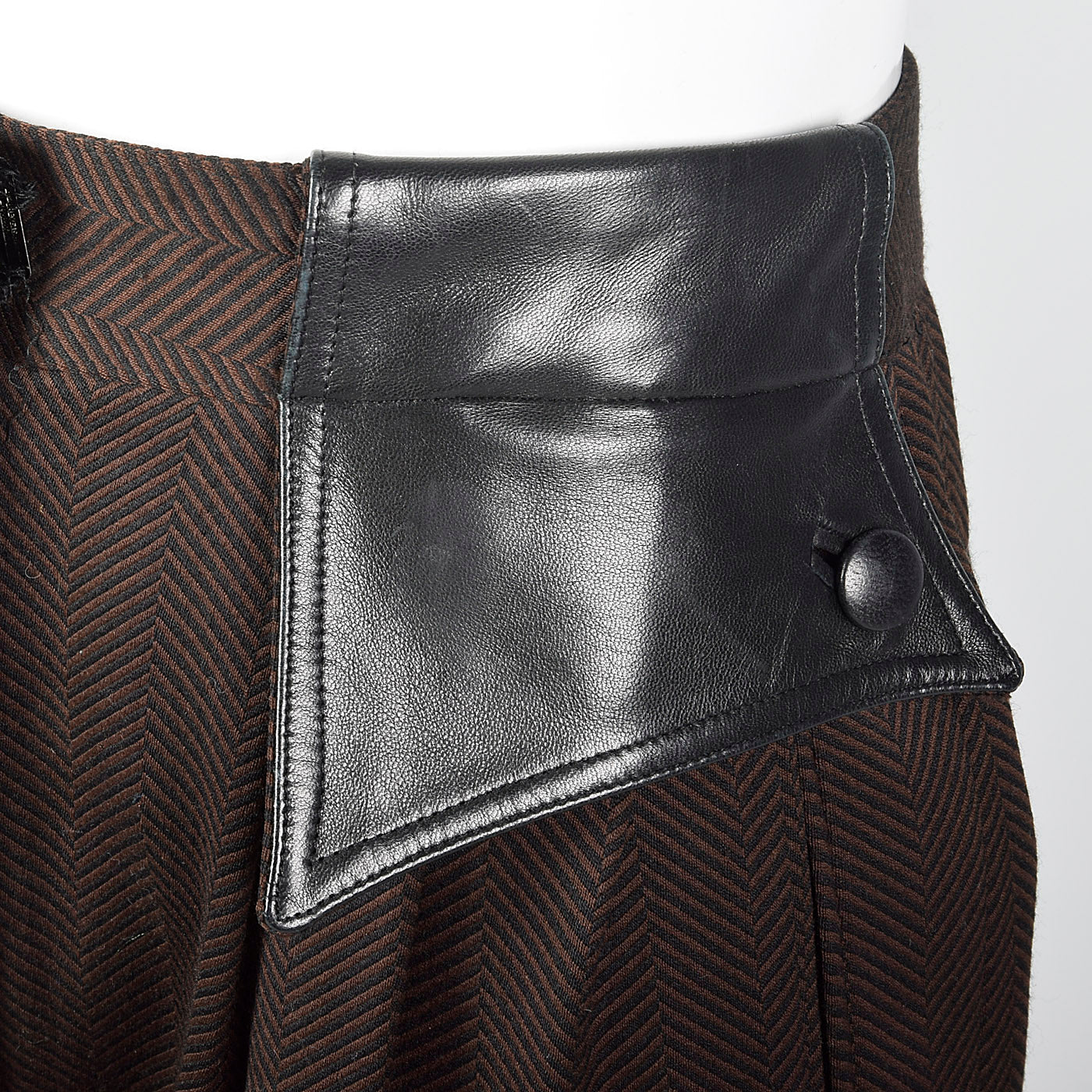 1980 Brown and Black Herringbone Pants with Leather Trim