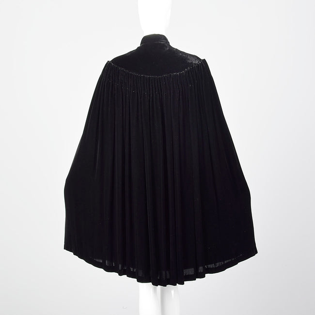 1930s Black Silk Velvet Cape with Cartridge Pleats