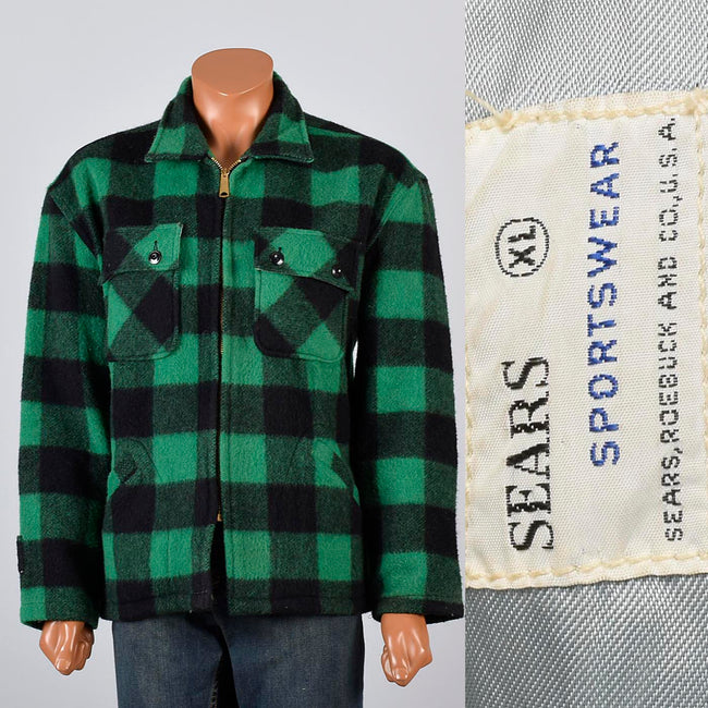 1950s Mens Green & Black Buffalo Check Wool Chore Jacket with a Zip Front