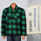 1950s Mens Green & Black Buffalo Check Wool Chore Jacket with a Zip Front