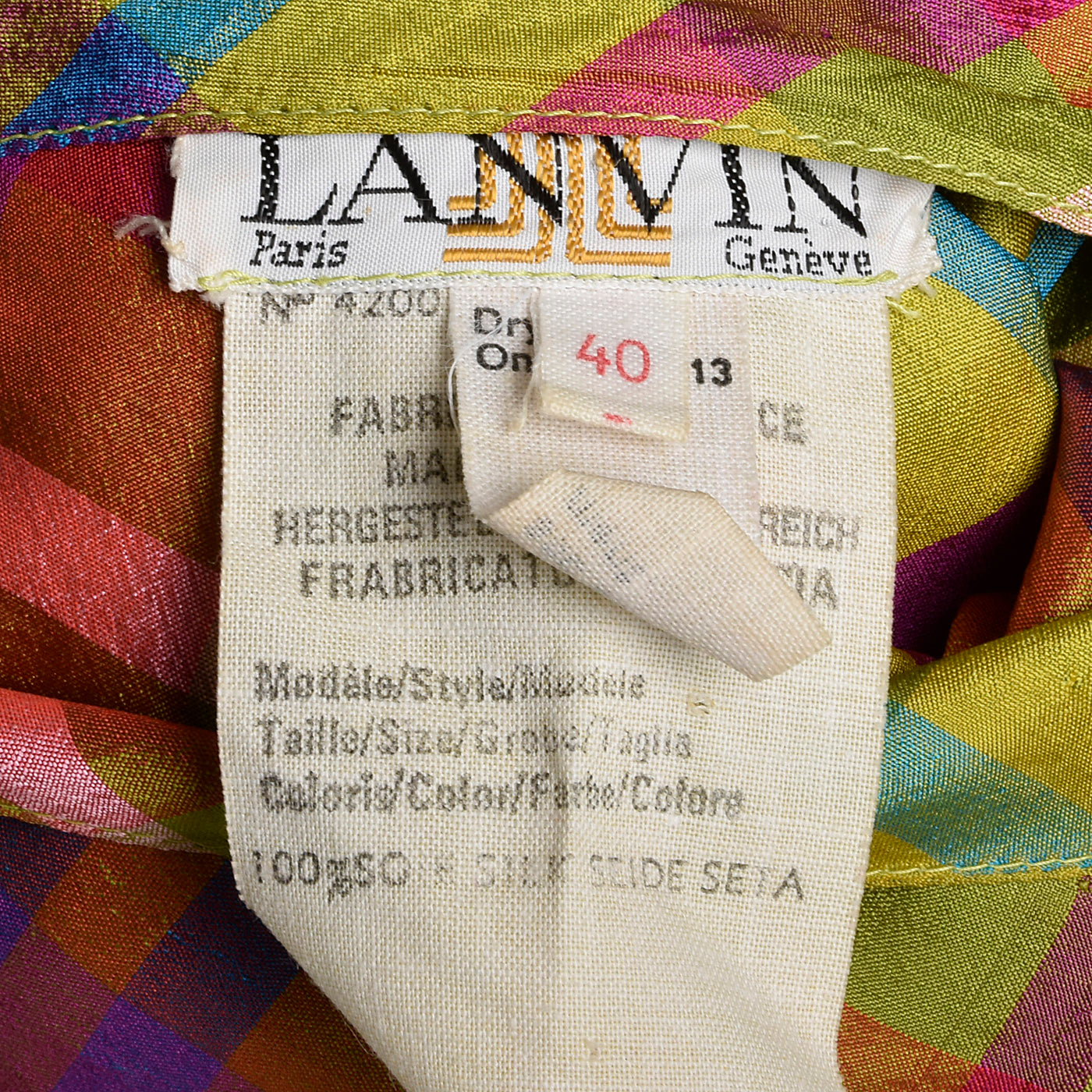 1970s Lanvin Lightweight Silk Dress in Rainbow Plaid with Huge Balloon Sleeves