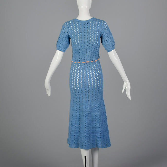 1930s Blue Crochet Dress with Ribbon Belt