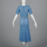 1930s Blue Crochet Dress with Ribbon Belt
