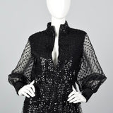 1970s Oscar de la Renta Sequined Jumpsuit with Low V Neckline & Sheer Mesh Overskirt