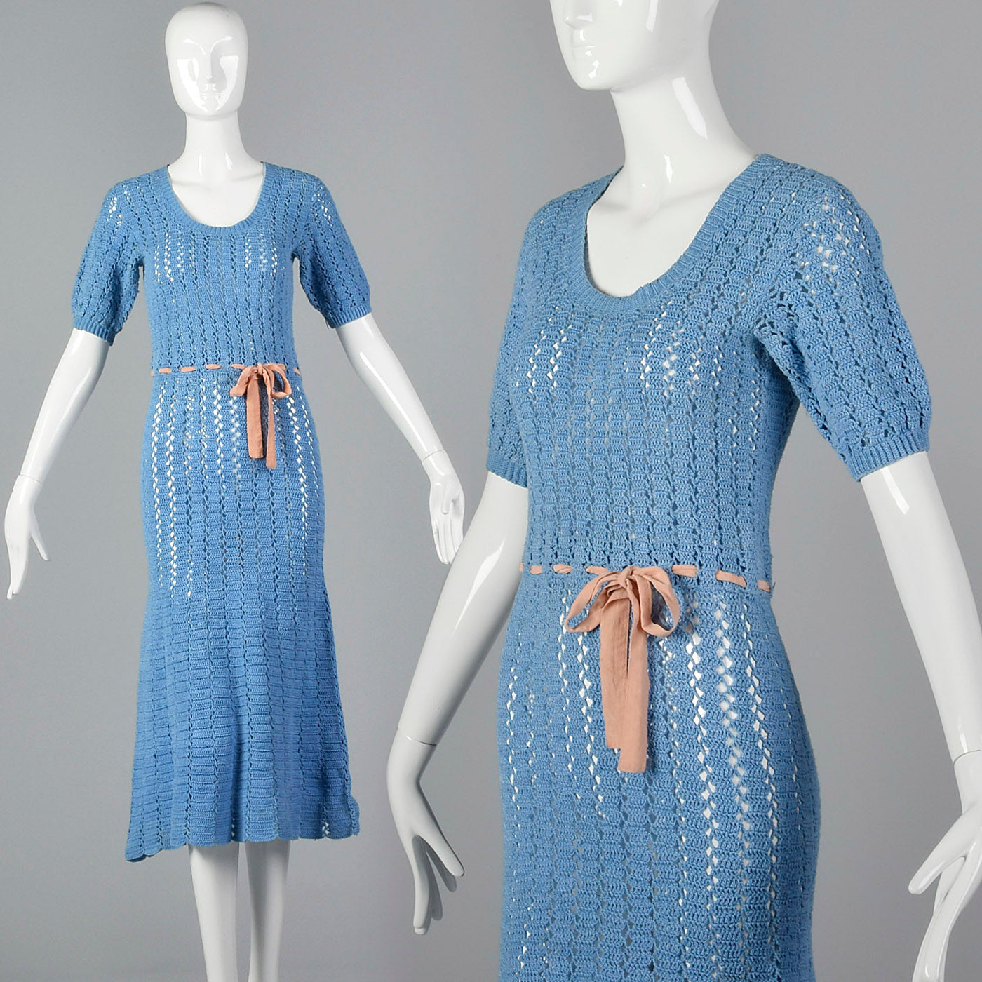 1930s Blue Crochet Dress with Ribbon Belt