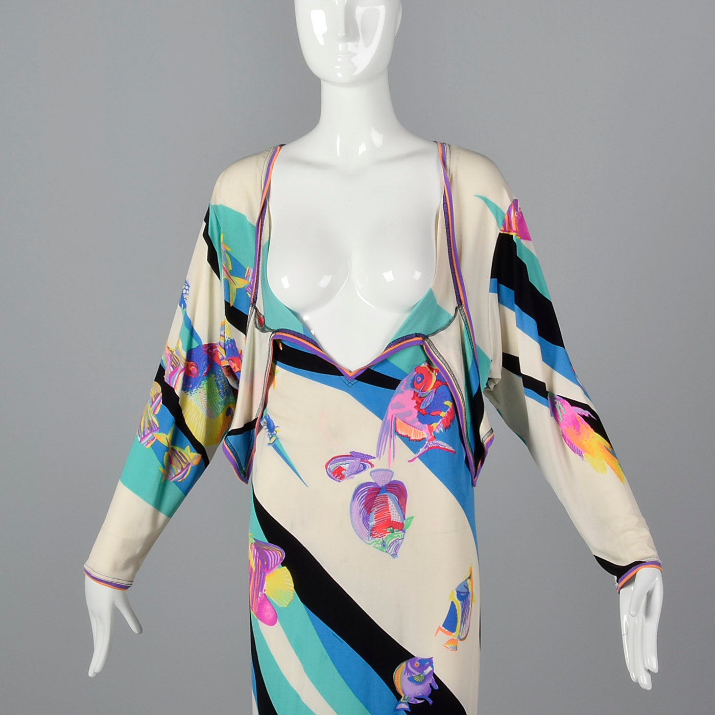 1980s Leonard Tie Bust Dress with Fish Print