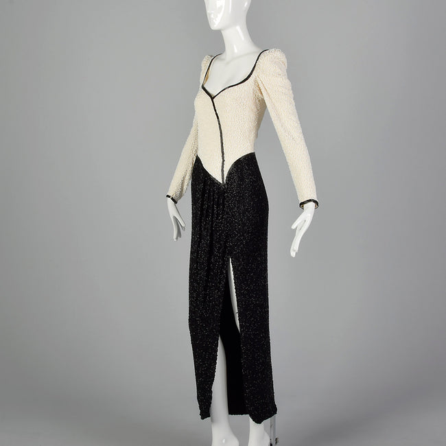 XS Lillie Rubin 1970s Black and White Beaded Gown