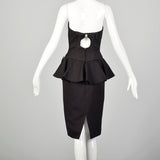 XS 1980s Black Peplum Cocktail Dress Strapless Sexy Party Pencil Dress