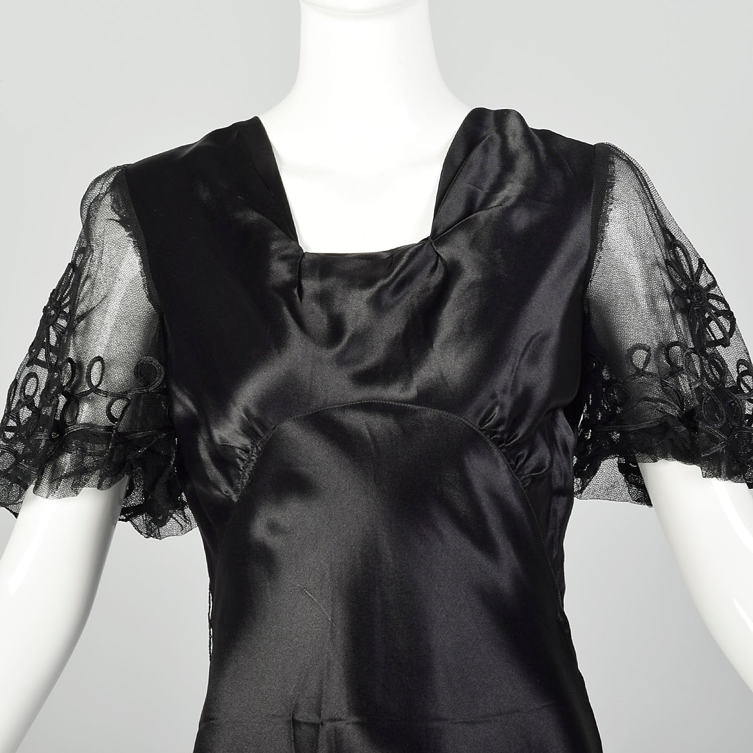 Small 1930s Black Silk Dress Bias Cut Mesh Short Sleeves