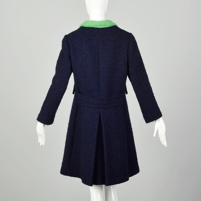 Small 1960s Wool Coat Navy Blue Mod Collar Green Buttons