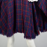 OSFM 1980s Purple Blue Green Red Plaid Wool Poncho Long Cape Woven Textile Jewel Tone Wrap