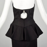 XS 1980s Black Peplum Cocktail Dress Strapless Sexy Party Pencil Dress