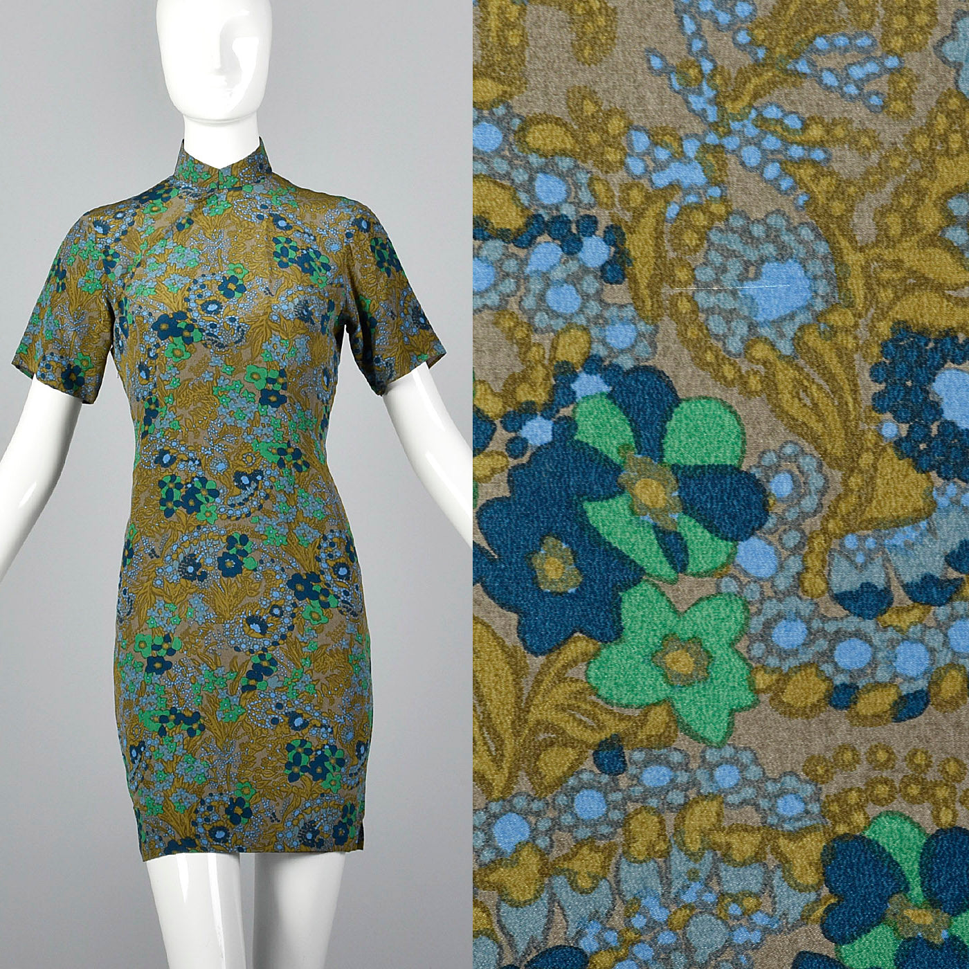 1960s Green and Blue Floral Dress with Mandarin Collar