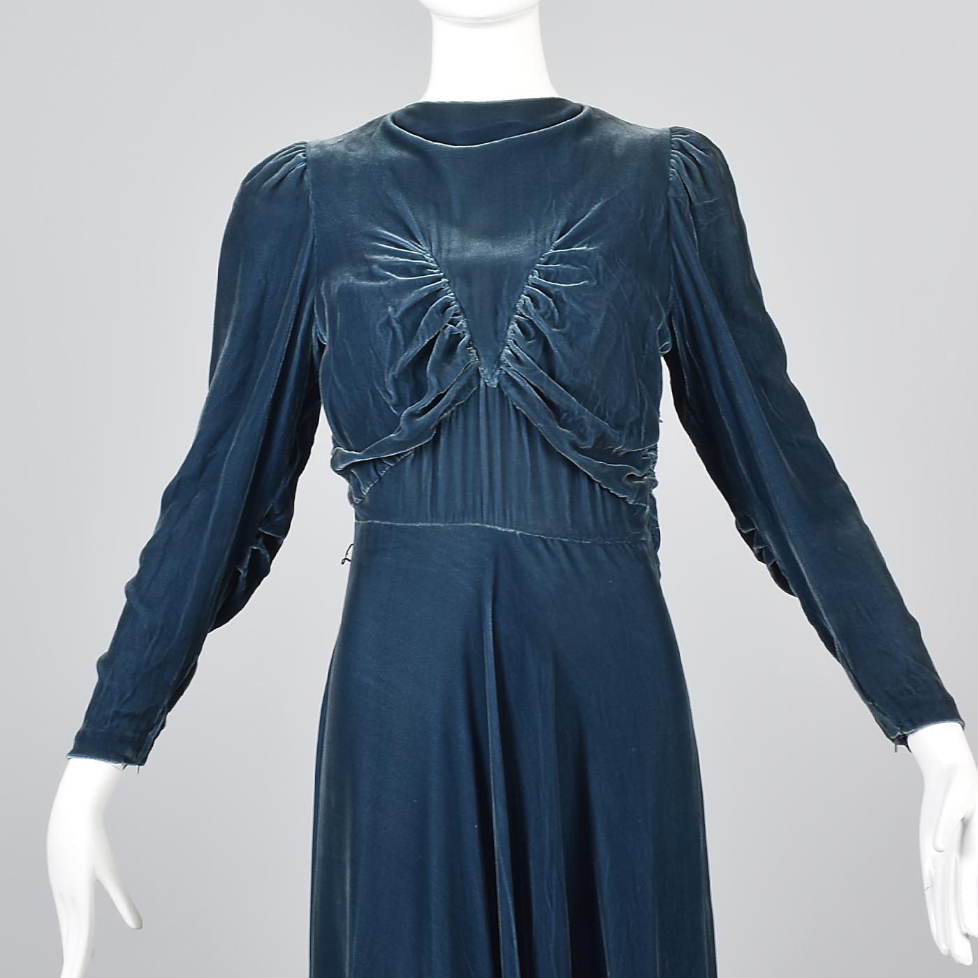 1930s Blue Velvet Gown with Gathered Bodice Style & Salvage 1930s Blue Velvet Gown with Gathered Bodice Style & Salvage