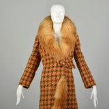 Large 1970s Coat Orange Brown Chunky Boucle Tweed Wool Real Fox Fur Winter