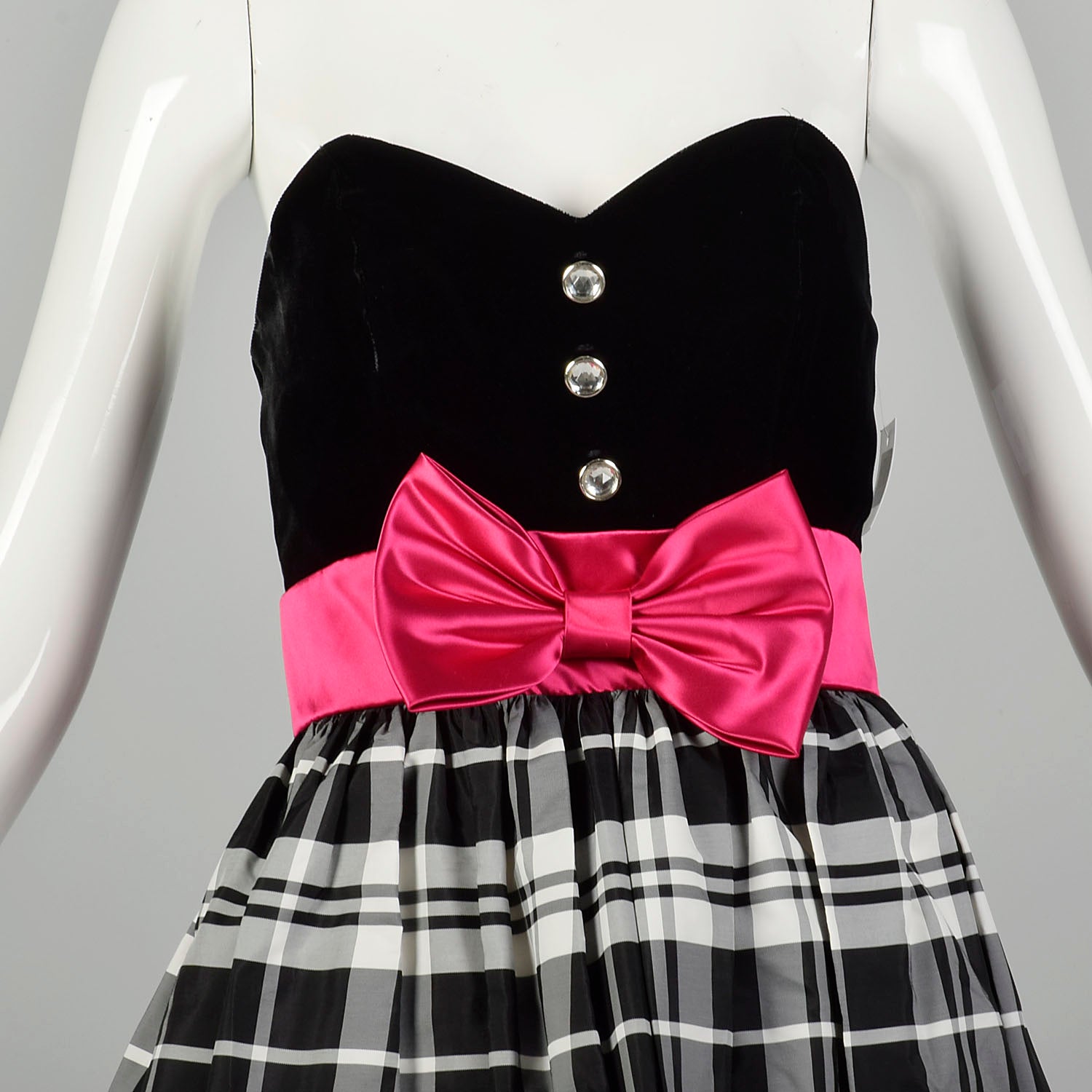 XL 1980s Black Prom Dress Strapless Velvet Plaid Formal Evening