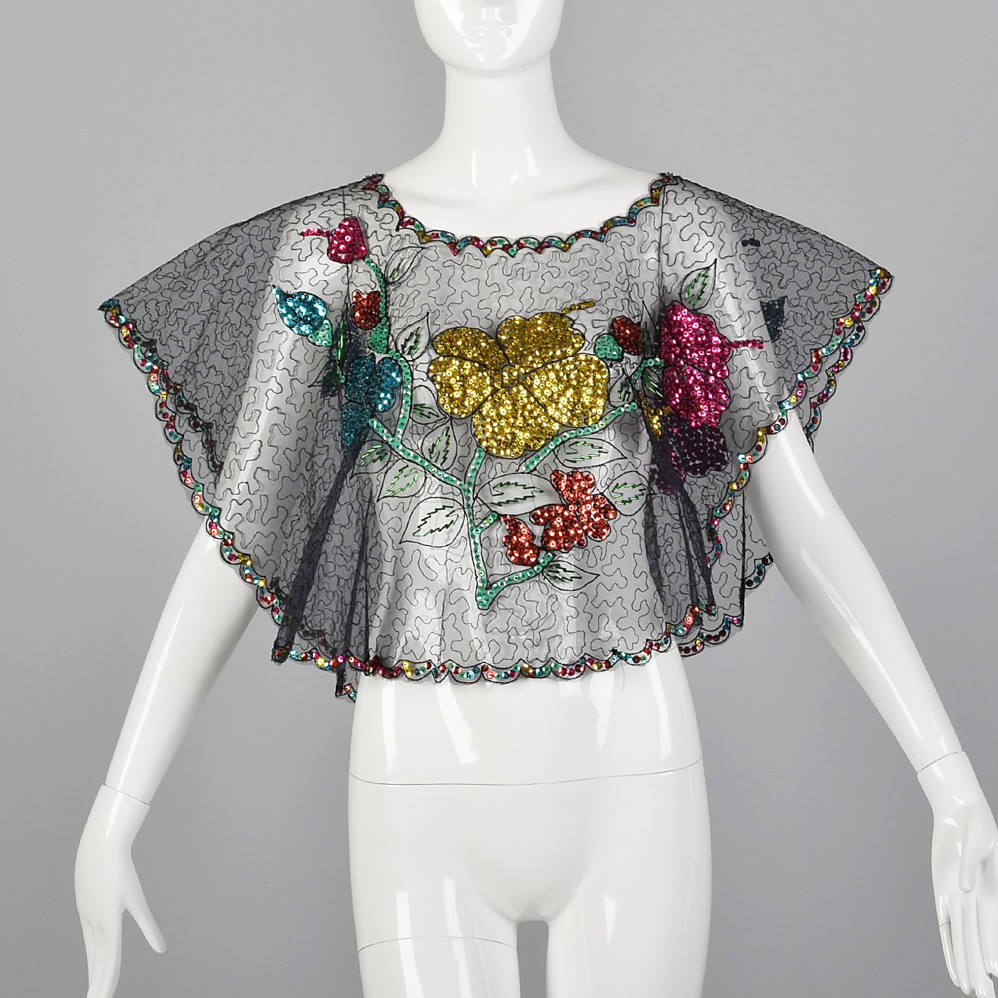 1960s Mexican Sheer Poncho with Floral Sequin Design