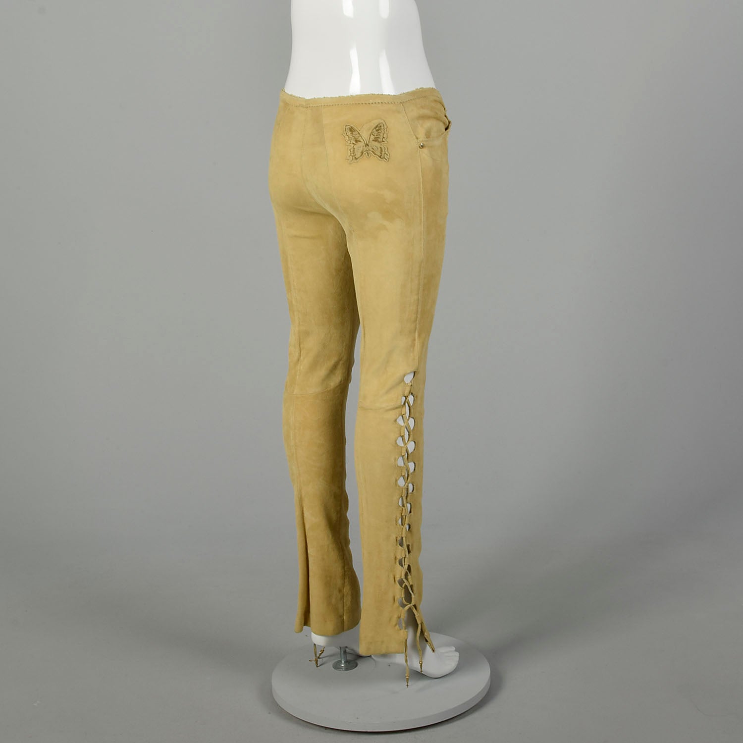 XS 2000s Pants Roberto Cavalli Designer Tan Suede Stretch Leather Lace Up